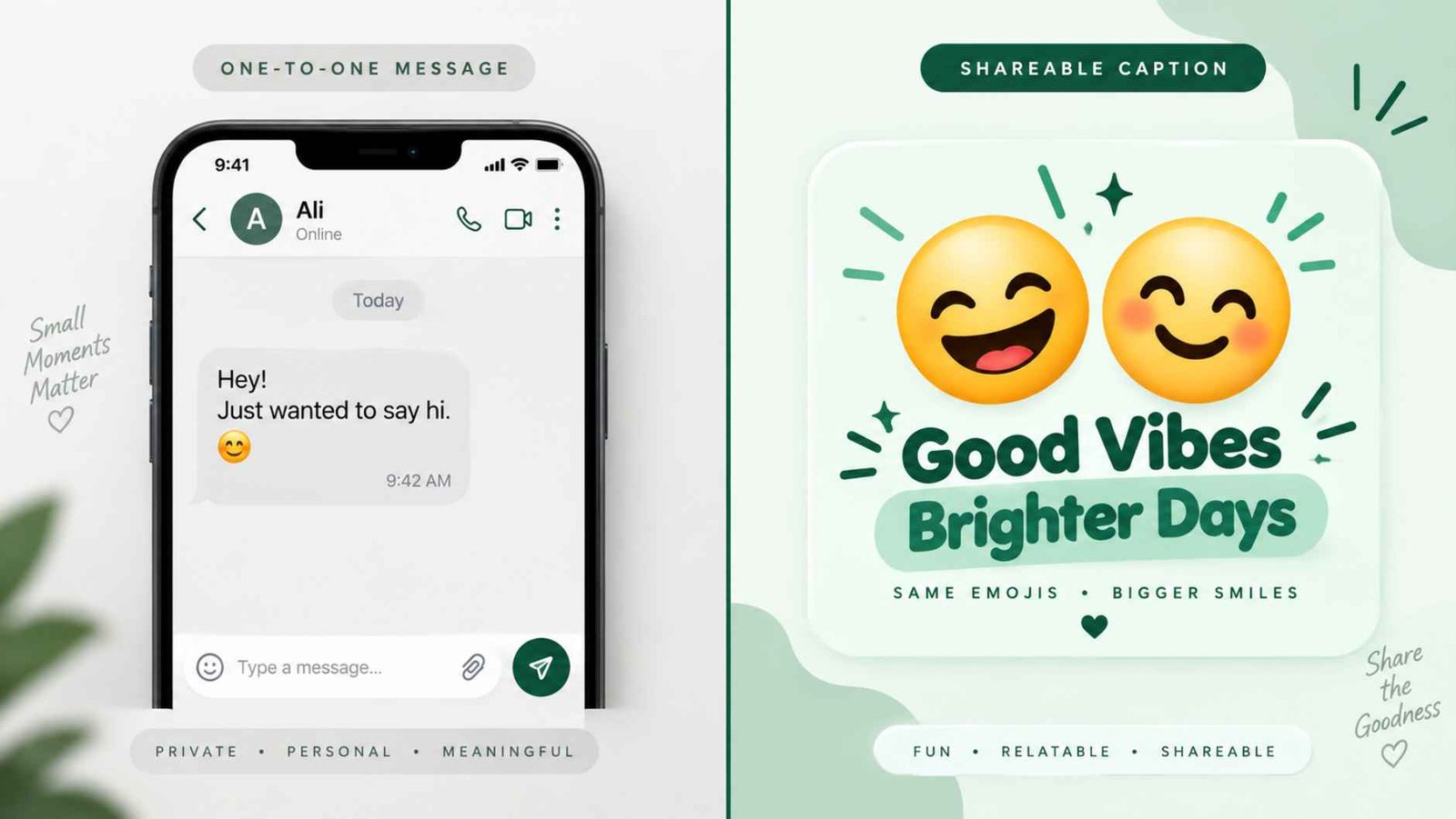 Split screen comparison of a plain happy emoji text message beside a bold happy emoji meme caption