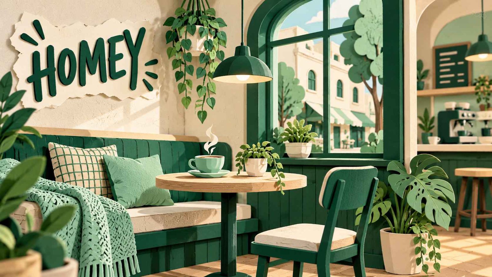 Layered paper-cut diorama of a small cozy café interior with warm lighting