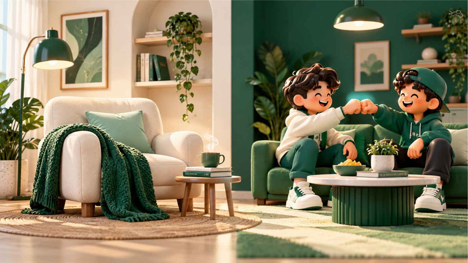 Cozy living room on one side and two friends texting on the other side of a hero illustration