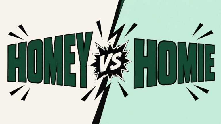Split graphic comparing the word homey and the word homie in bold poster type