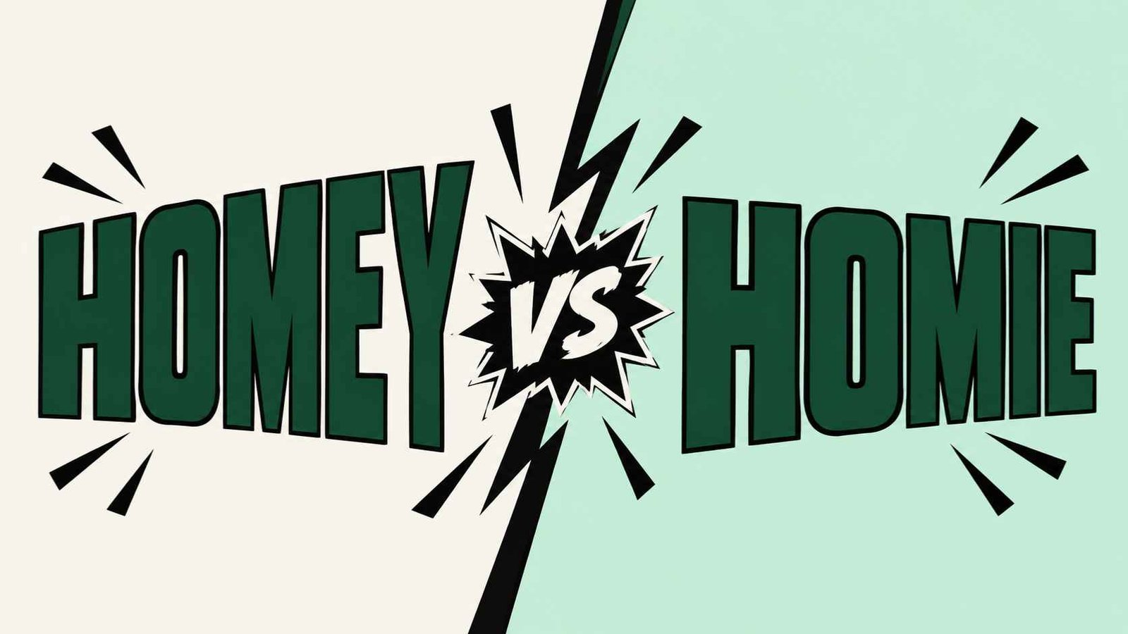 Split graphic comparing the word homey and the word homie in bold poster type