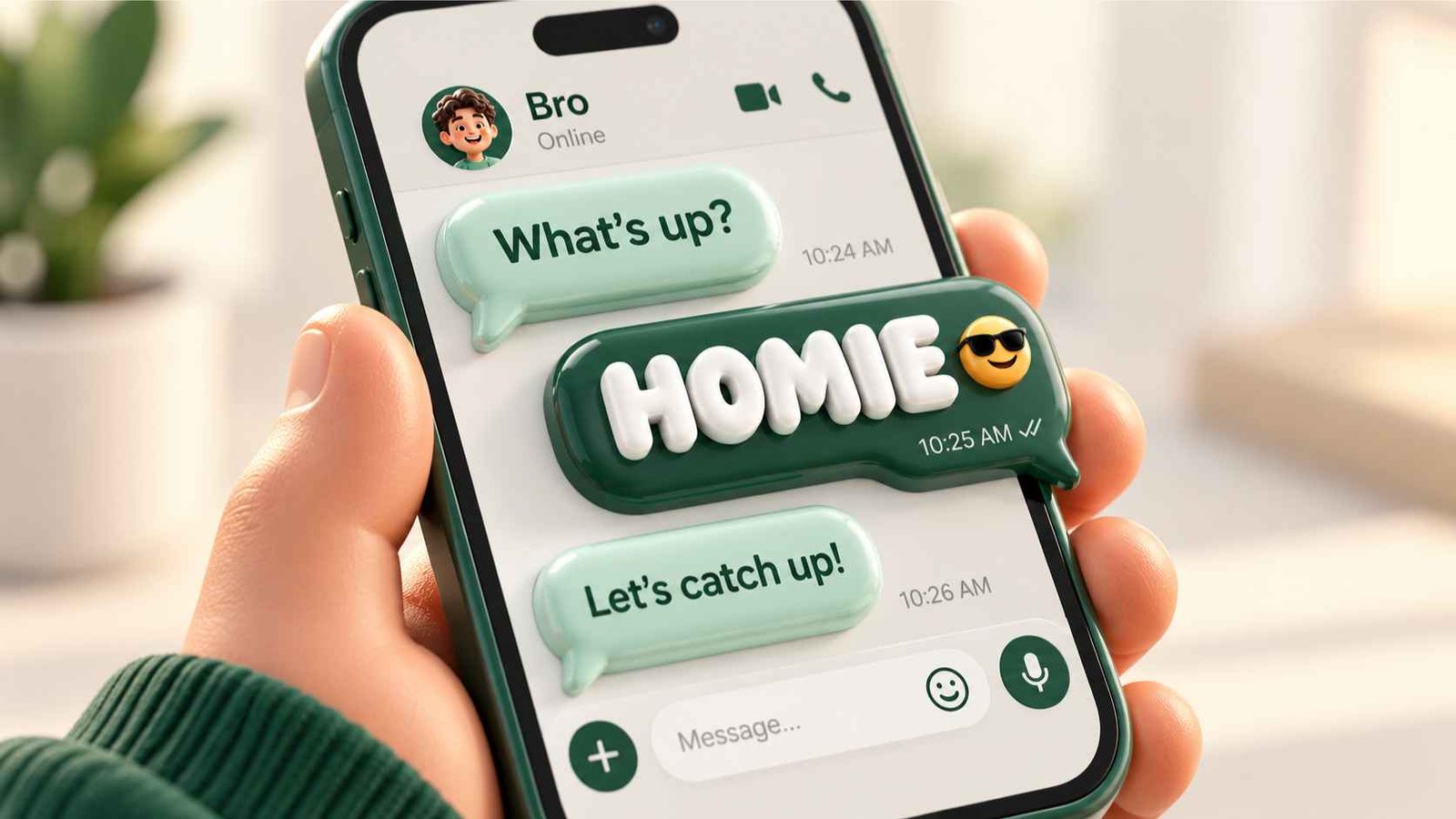 Inflated glossy 3D phone screen showing two friends texting each other the word homie