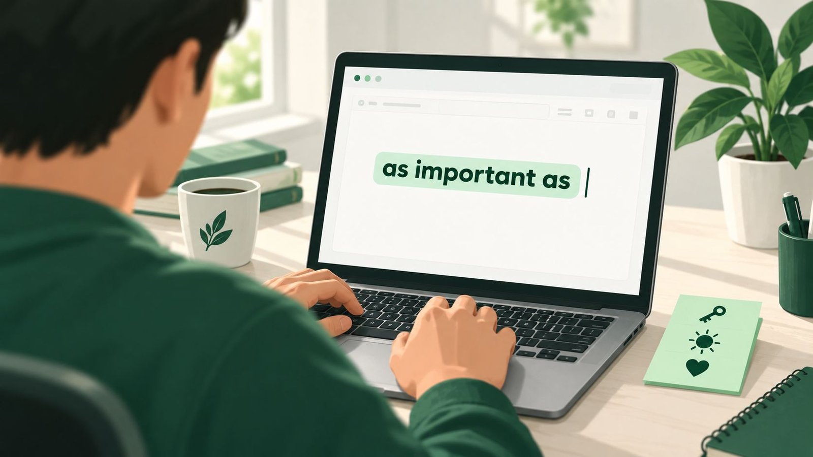 Over the shoulder view of a person typing on a laptop with the phrase as important as highlighted in mint green