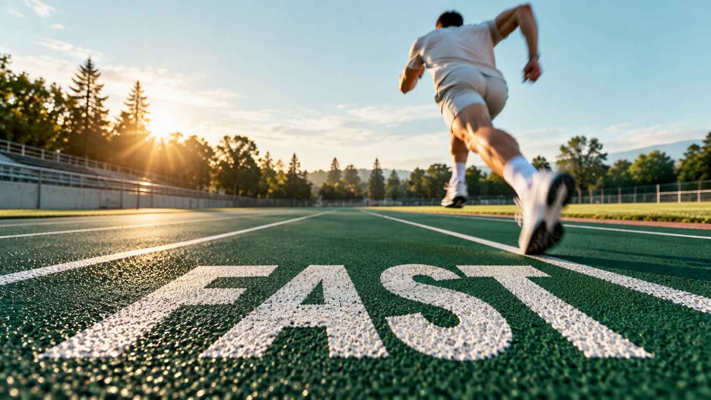 Ground-level view of a blurred sprinter running past the word FAST painted in white on a green running track at dawn.