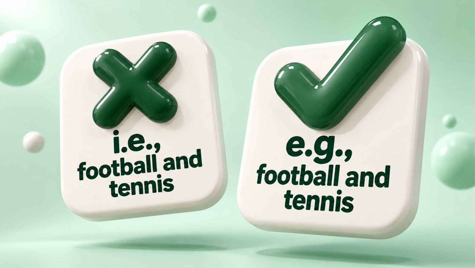 Two glossy 3D sentence cards, one marked with a check and one marked with an X, showing correct and incorrect abbreviation use.