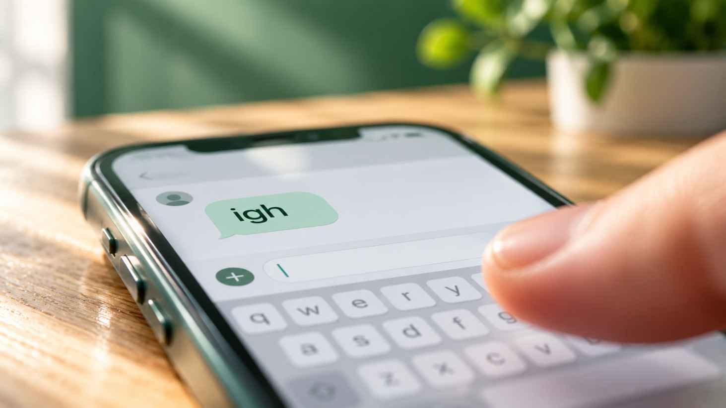 Close up of a phone screen showing a single chat bubble with the word igh beside a thumb hovering over the keyboard