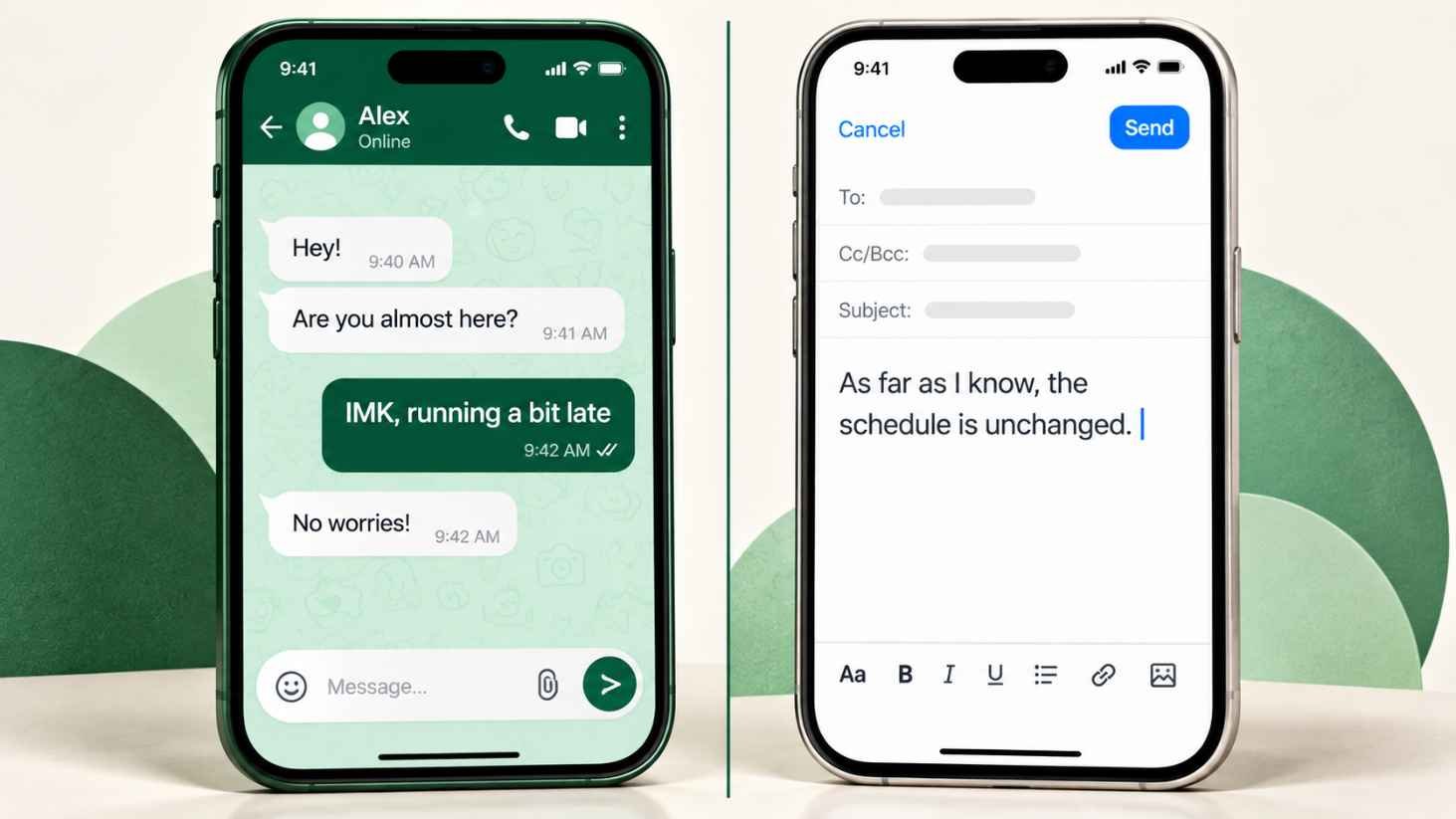 Smartphone screen split between a casual IMK text and a formal email