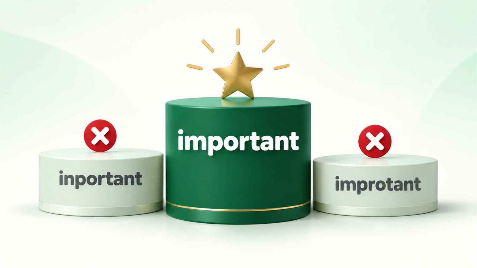 Three word variations displayed on small pedestals with only the correct spelling marked as the winner