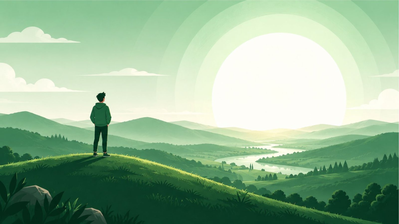 Small figure standing on a hill looking at a huge white sun rising over a mint green valley