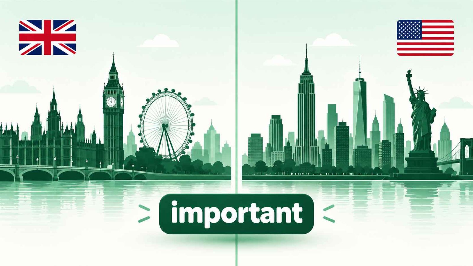 Split illustration comparing London and New York city skylines with UK and US flags above the word important