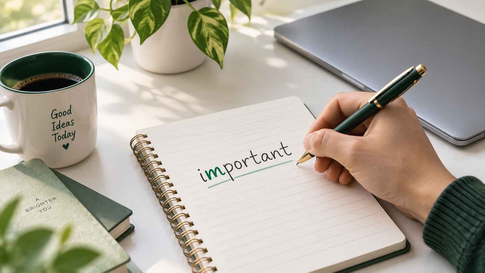 Person's hand writing the word important in a notebook on a clean desk with a laptop nearby