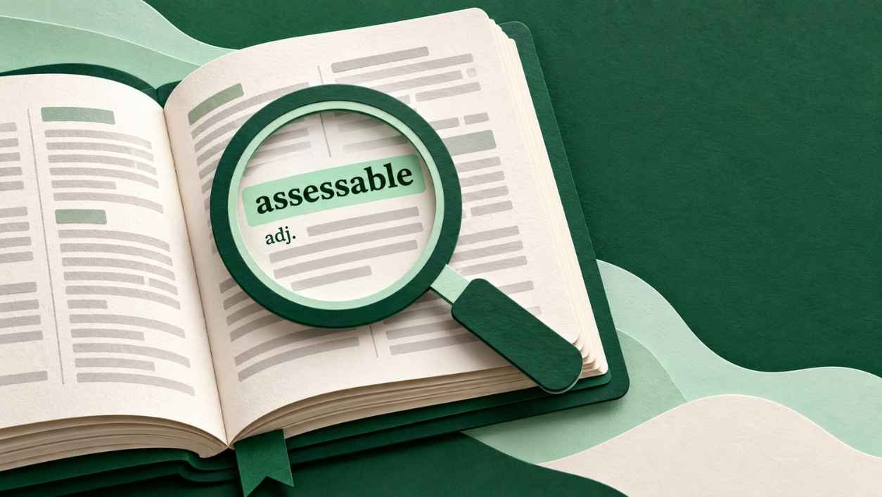 Layered paper-cut dictionary page in green tones with a magnifying glass over a word entry.