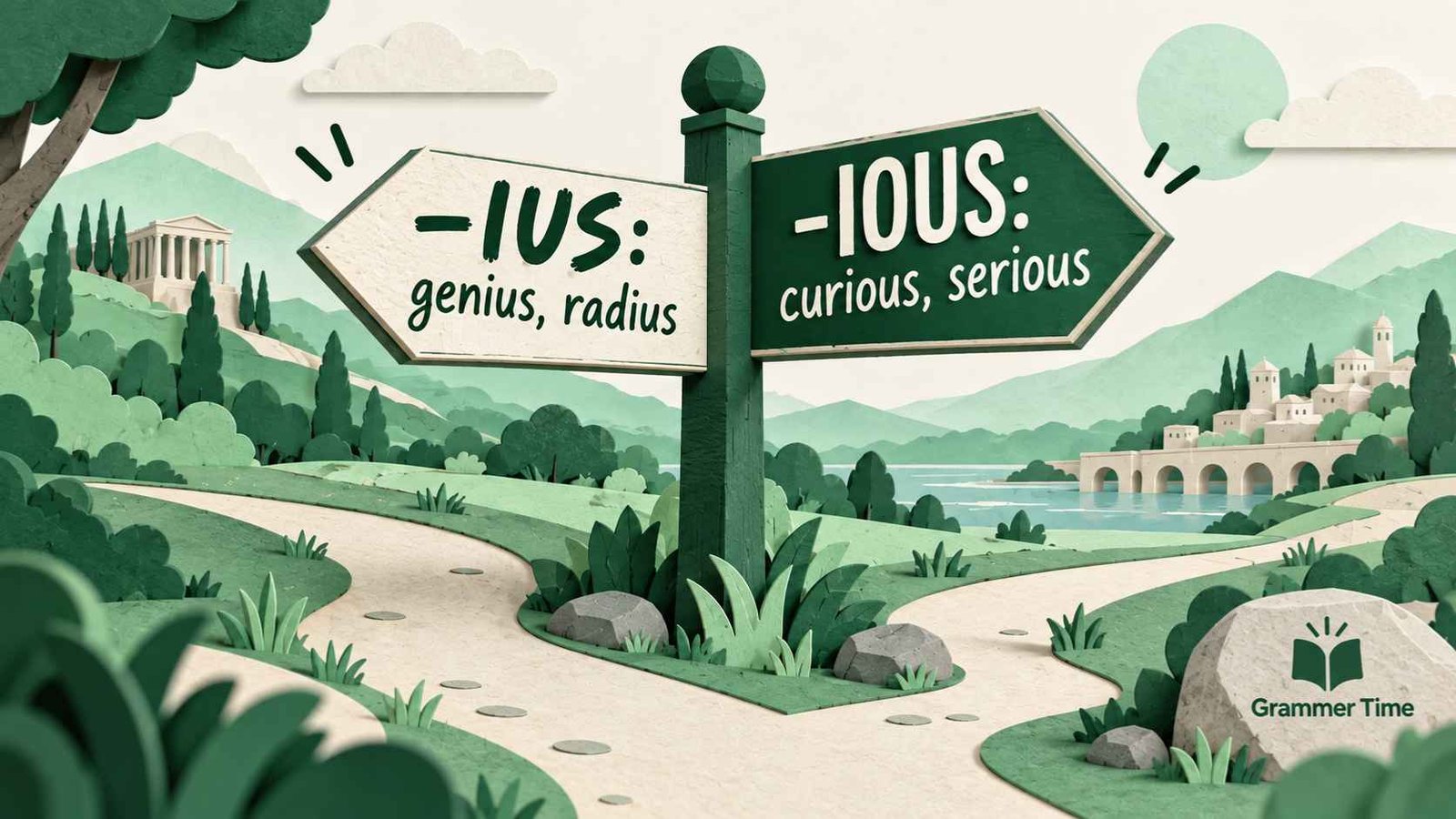 Paper-cut signpost diagram splitting words ending in -ius from -ious