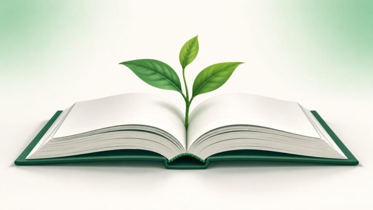 Open storybook with the word kindergarten highlighted beside a small green plant