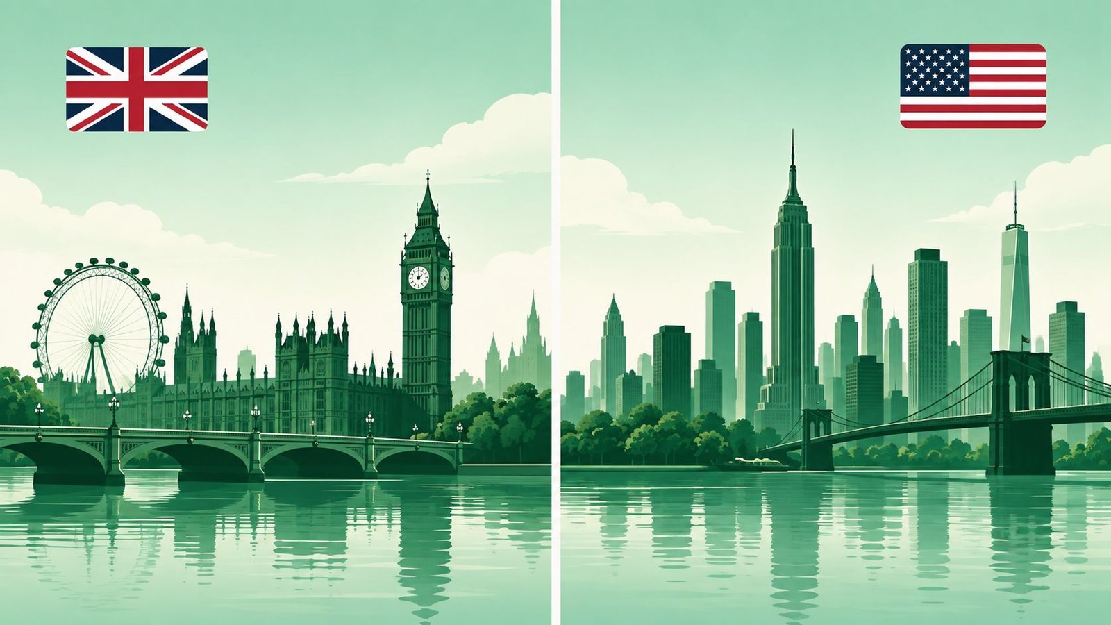 Split screen of London and New York skylines with matching kindergarten spelling on both sides