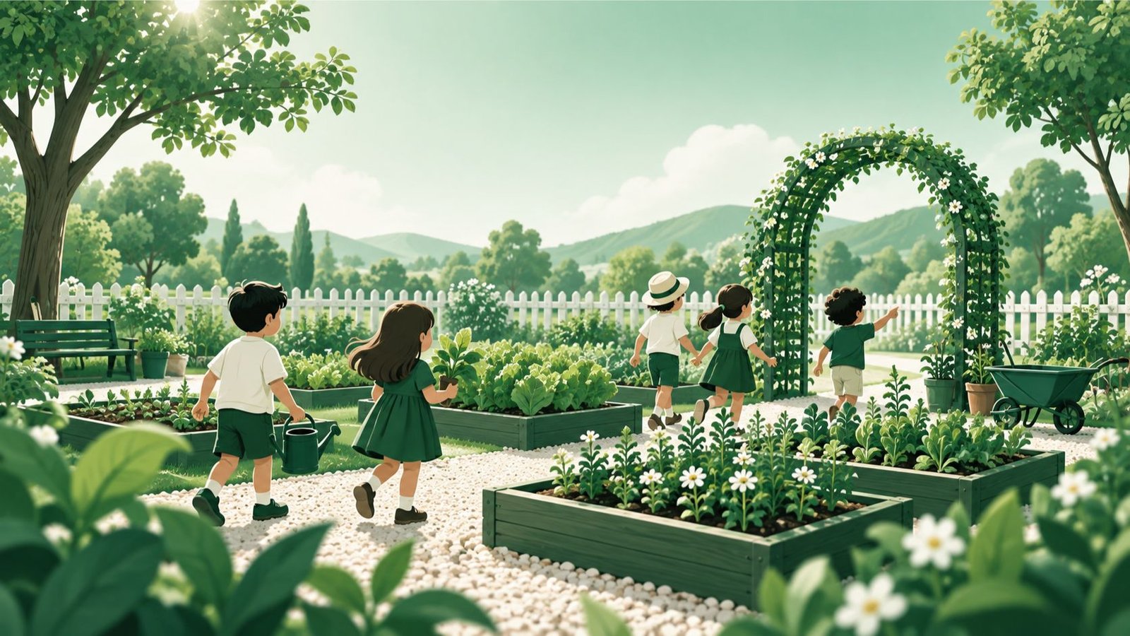 Illustrated children playing among garden plants representing the meaning of kindergarten