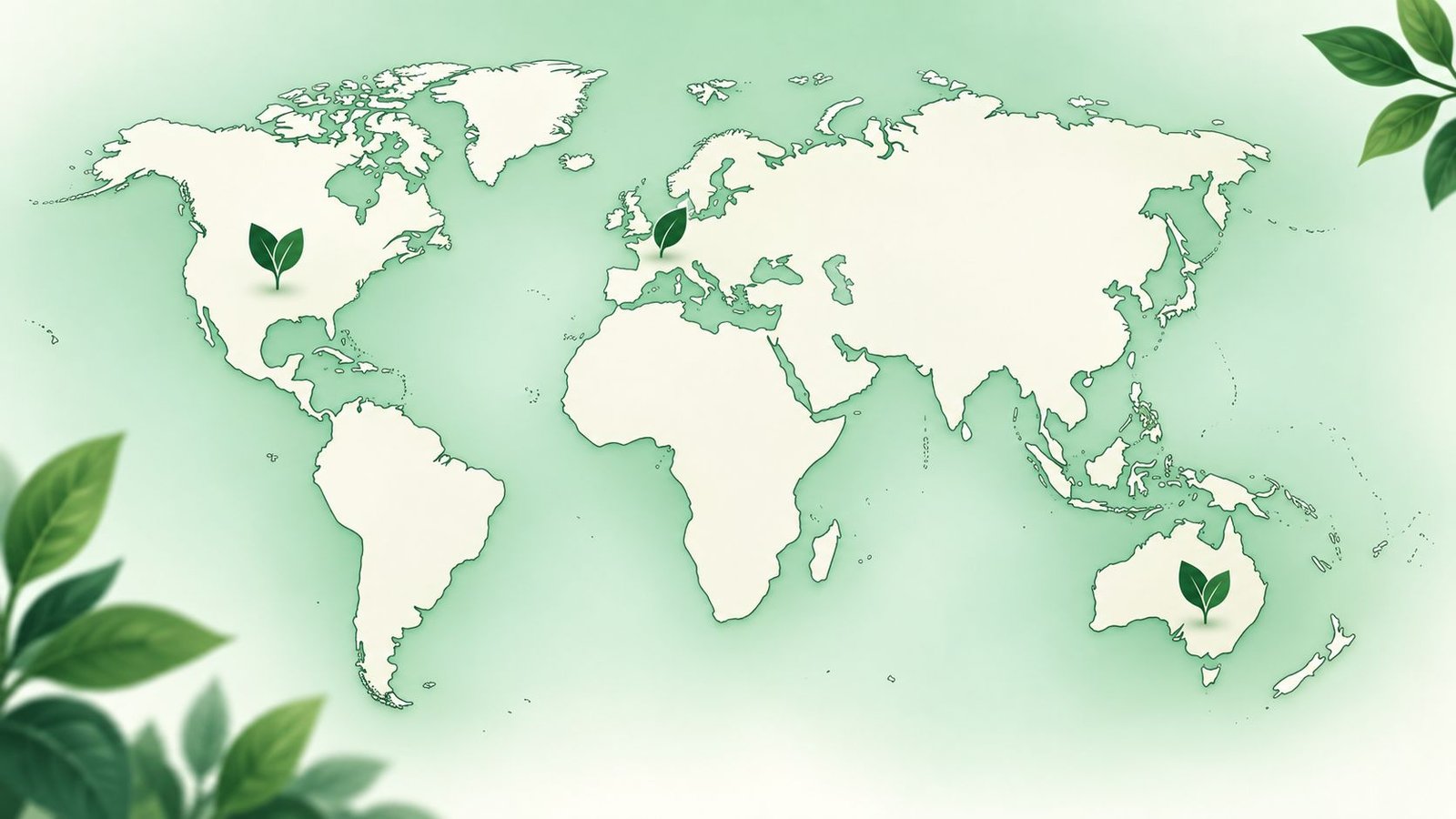 Simplified world map illustration with small markers over countries that use the kindergarten spelling