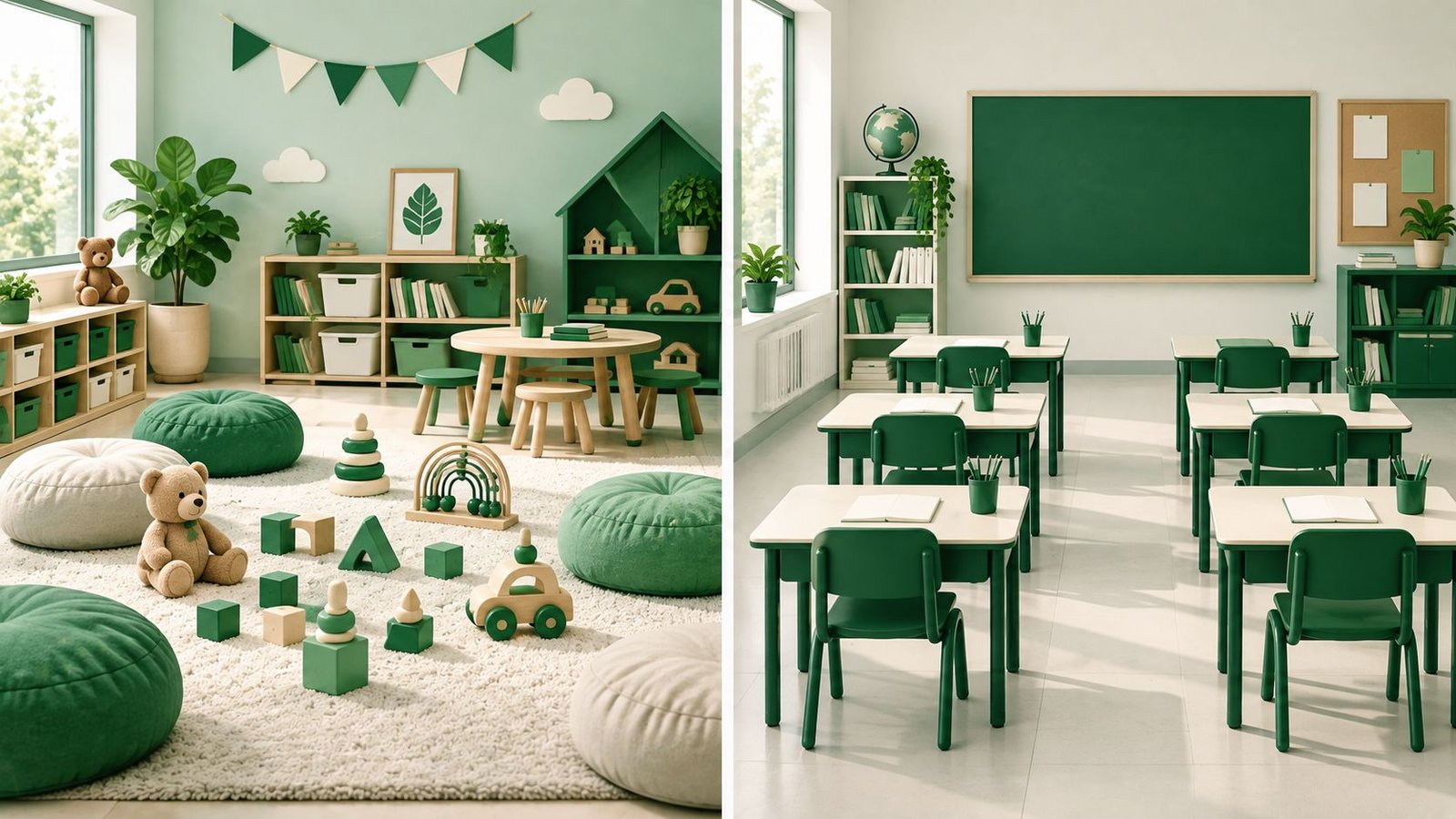 Two side-by-side classroom scenes contrasting preschool play area and structured kindergarten desks