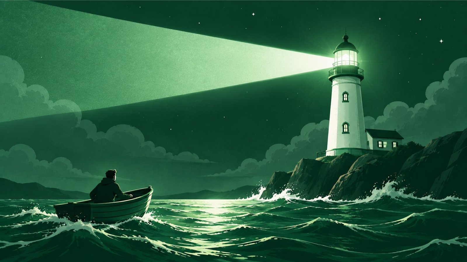 White lighthouse on a rocky point sending a mint green beam across a dark green sea toward a small boat