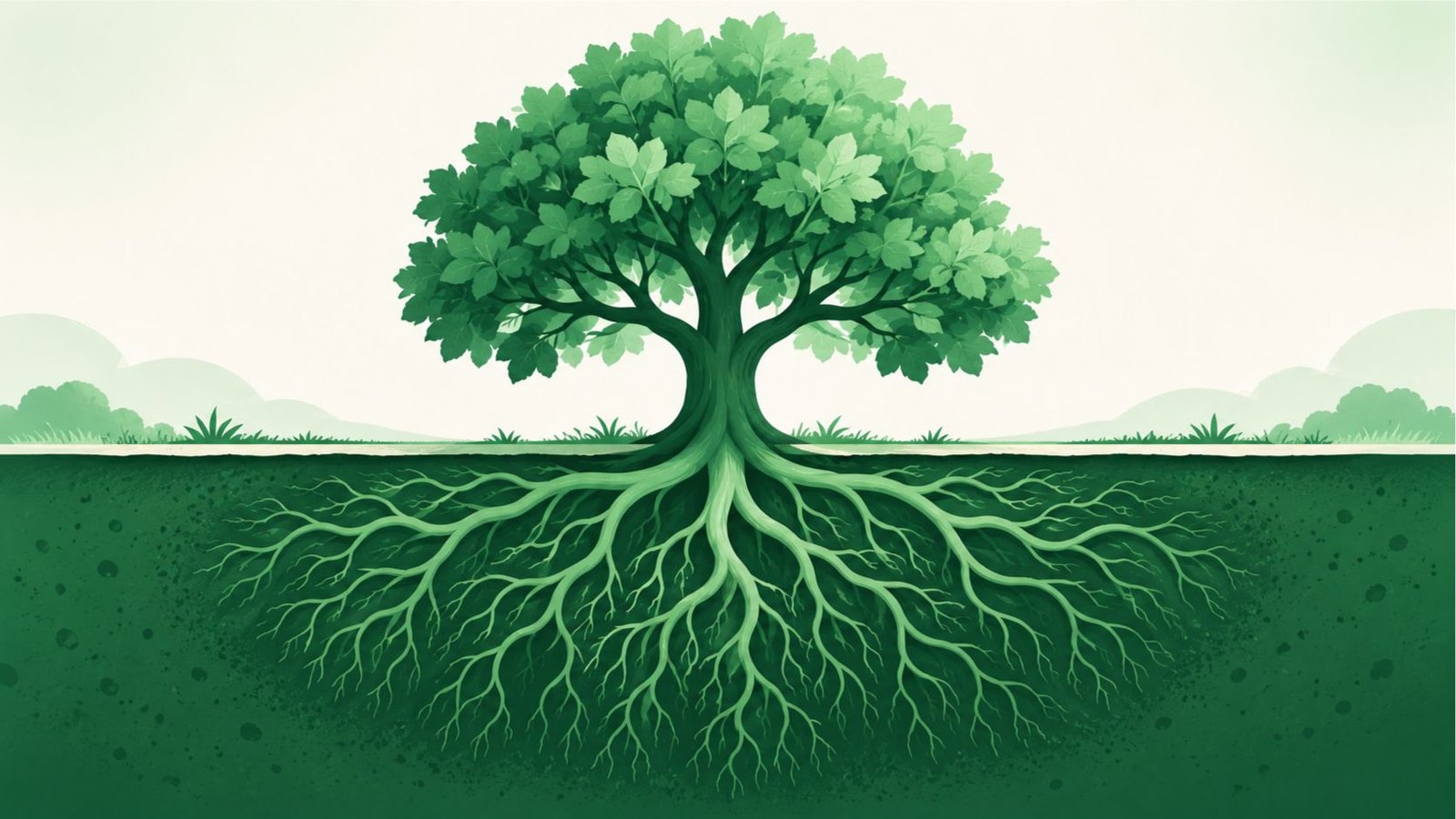 Cutaway illustration of a mint green tree above ground with thick forest green roots spreading below the soil line