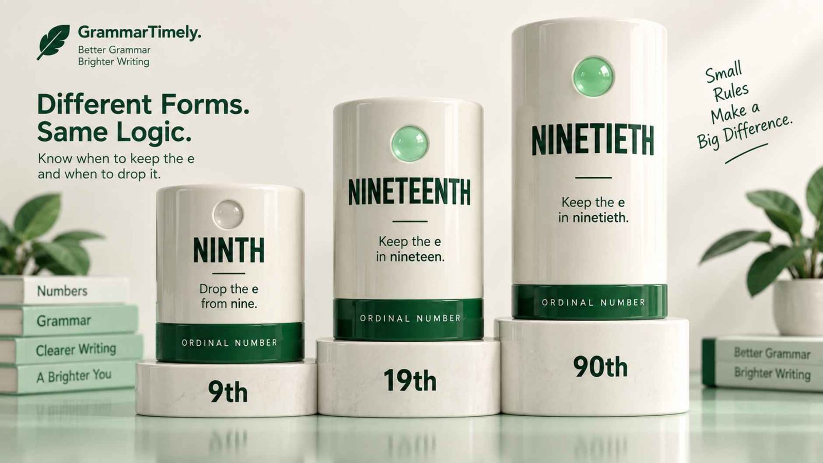 Three glossy pedestals labeled NINTH, NINETEENTH, and NINETIETH with mint gems marking kept e letters