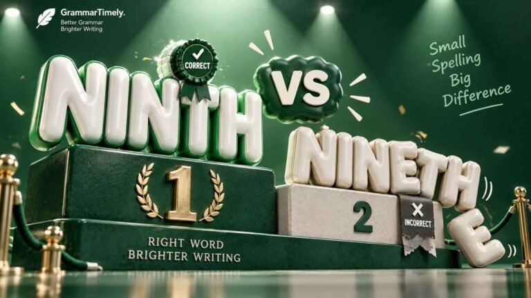 Two inflated 3D words, NINTH and NINETH, on a winners podium with NINTH in first place