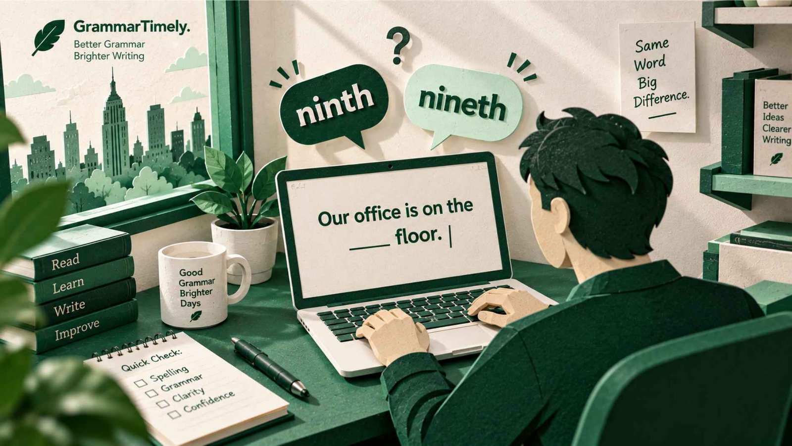 Paper-cut scene of a writer pausing at a laptop with ninth and nineth speech bubbles above the screen