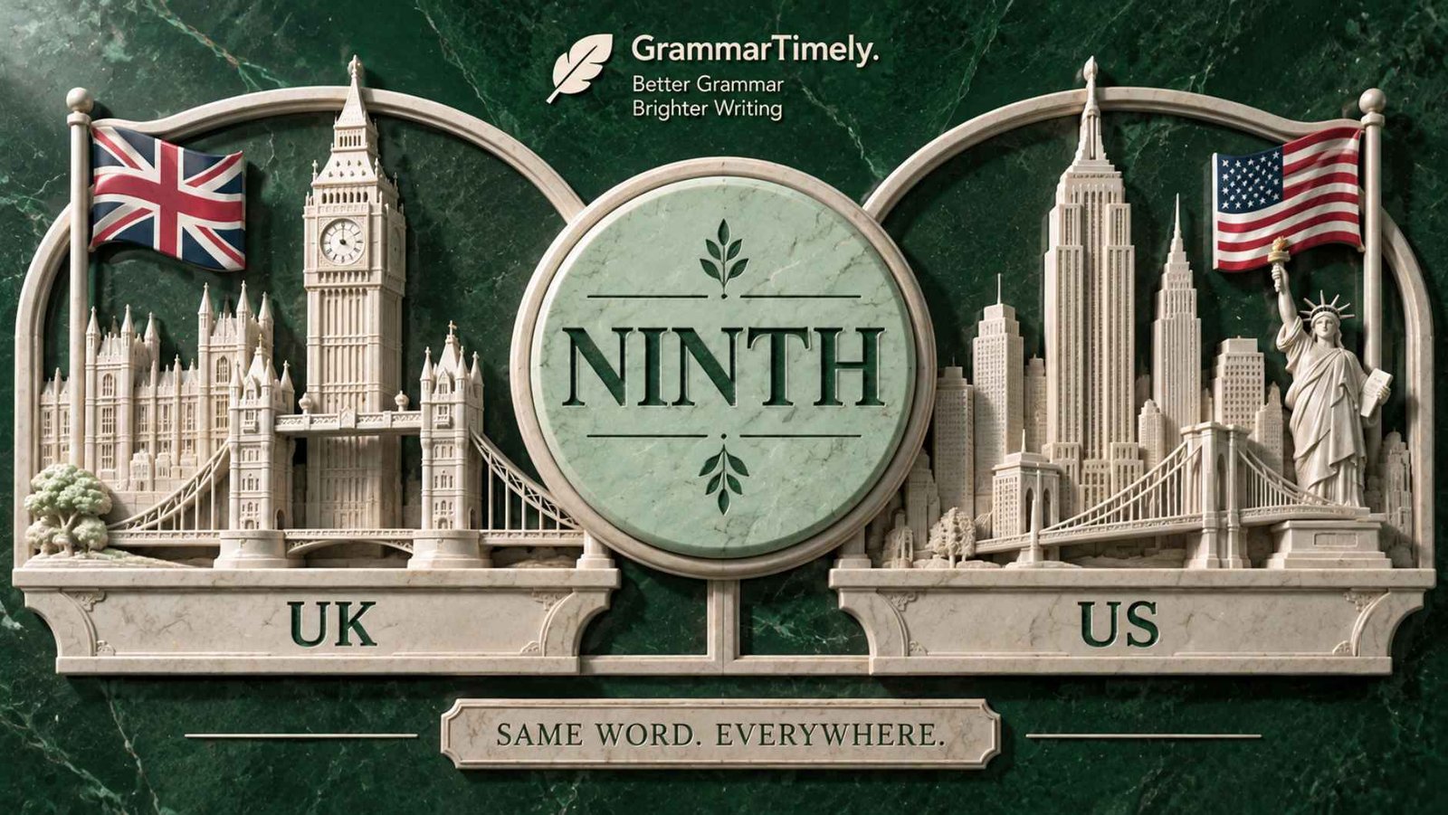 Carved stone relief of London and New York skylines with UK and US flags around the word NINTH