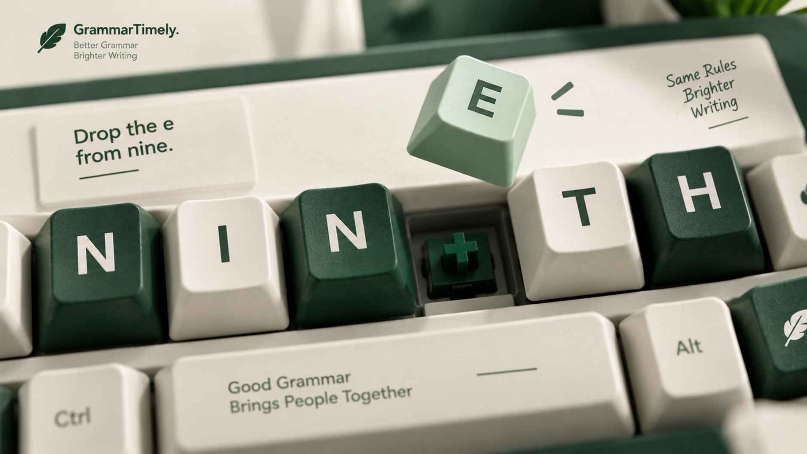 Macro shot of keycaps spelling NINTH with the E keycap lifted away above the gap
