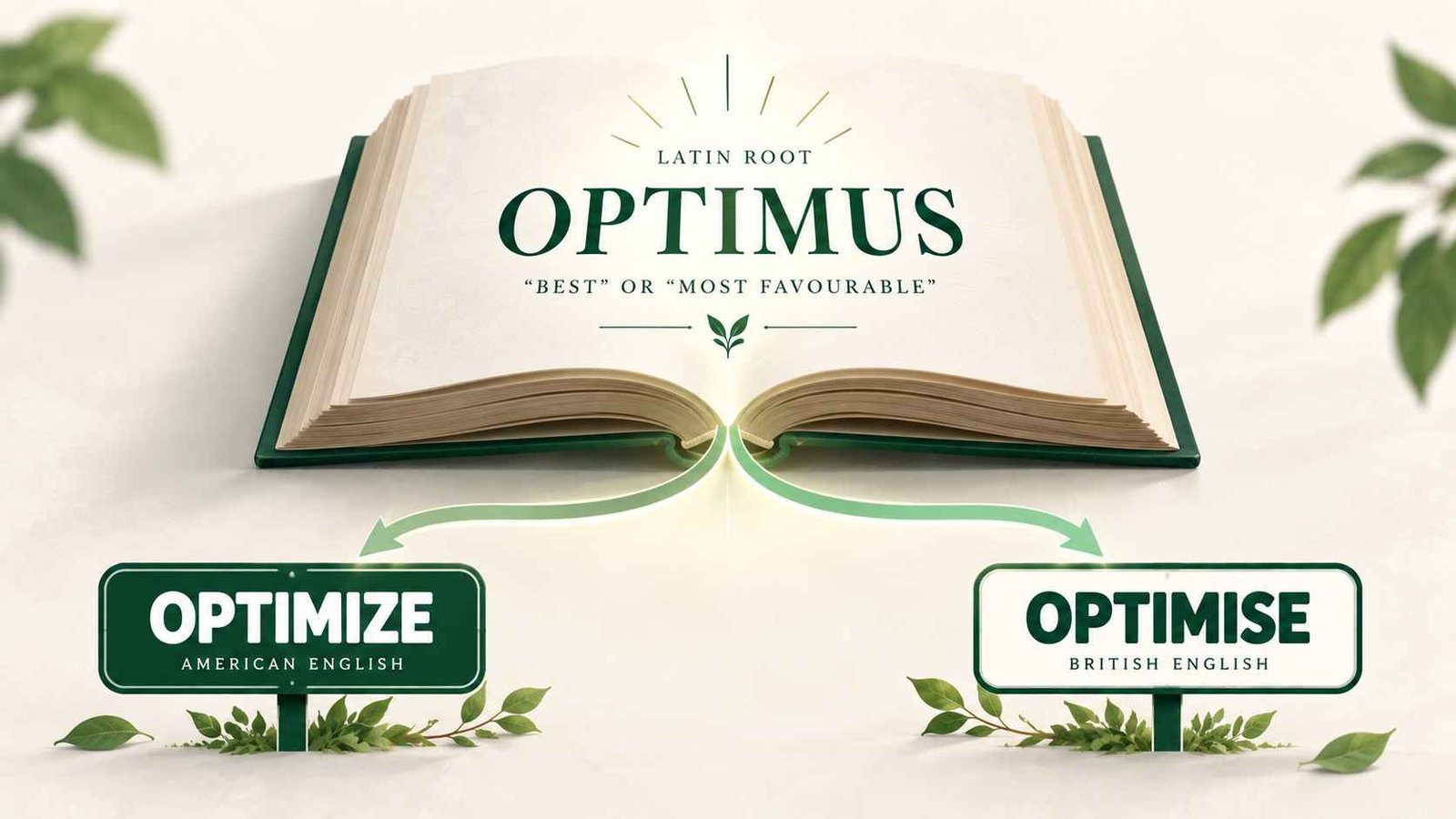 Open book with the Latin word optimus glowing above it beside two smaller labeled paths for optimize and optimise