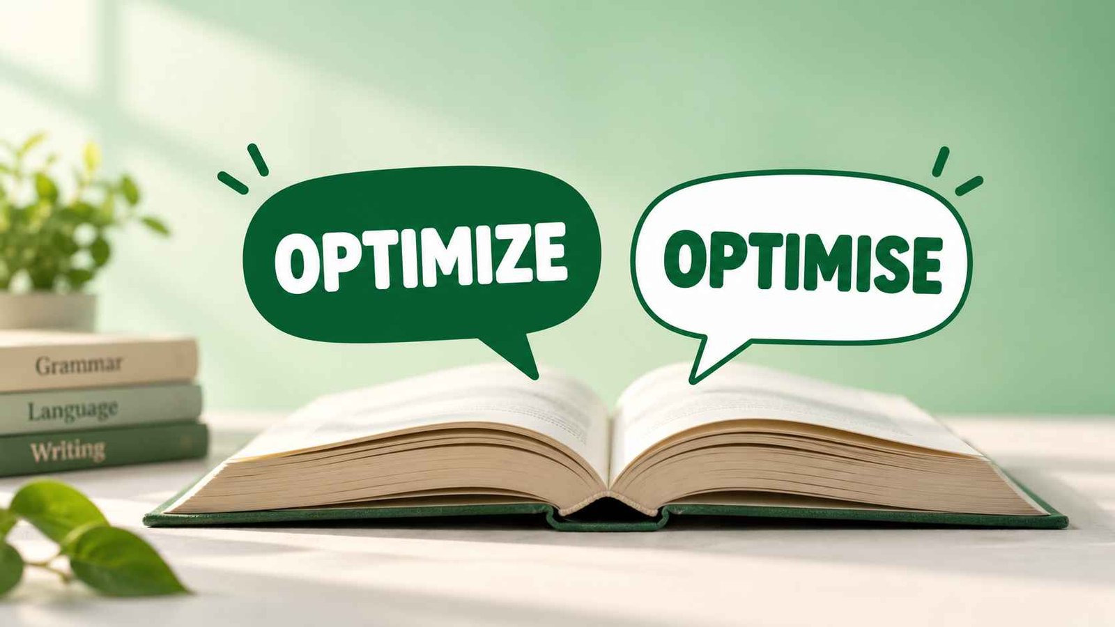 Open book with two speech bubbles showing the words optimize and optimise side by side