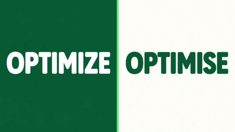 Split graphic comparing the words optimize and optimise on a forest green background