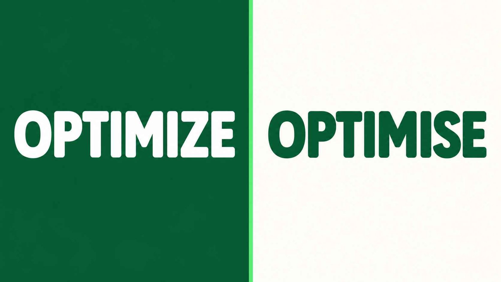 Split graphic comparing the words optimize and optimise on a forest green background