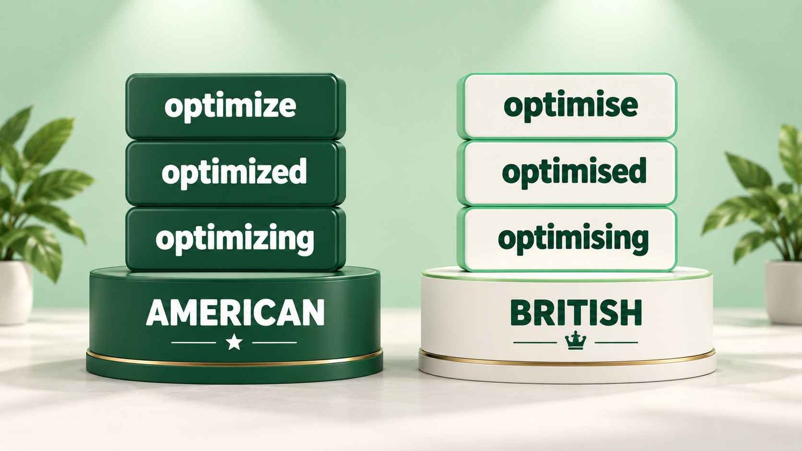 Word comparison pedestal displaying four related word forms in American and British spelling columns