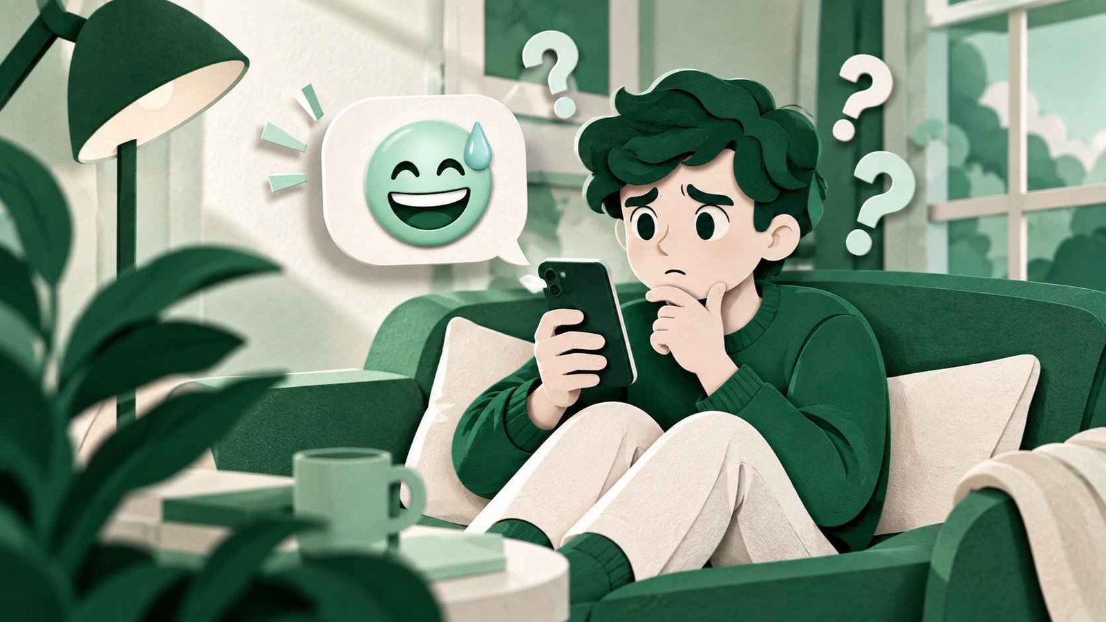 Layered paper-cut scene of a puzzled person on a couch looking at a phone that shows a sweating smile emoji reply