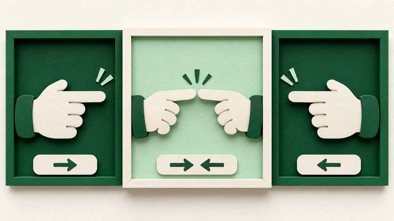Paper cut diorama showing a hand pointing right, a hand pointing left, and both together side by side