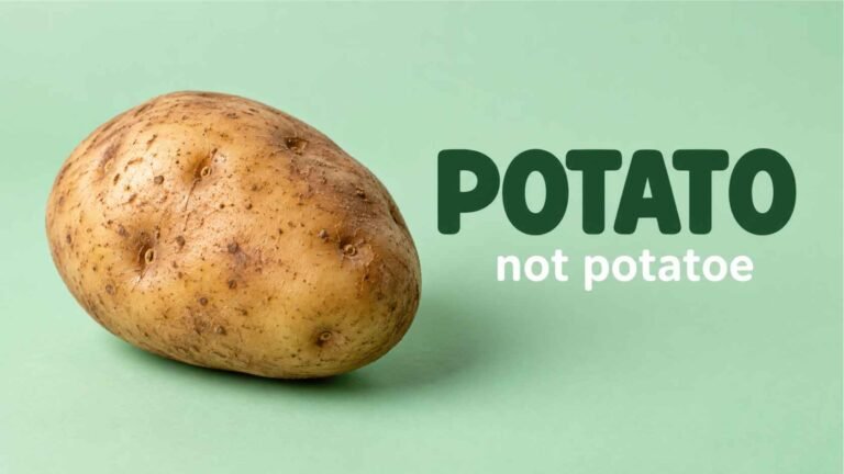 A single raw potato on a mint green background next to bold text reading potato not potatoe