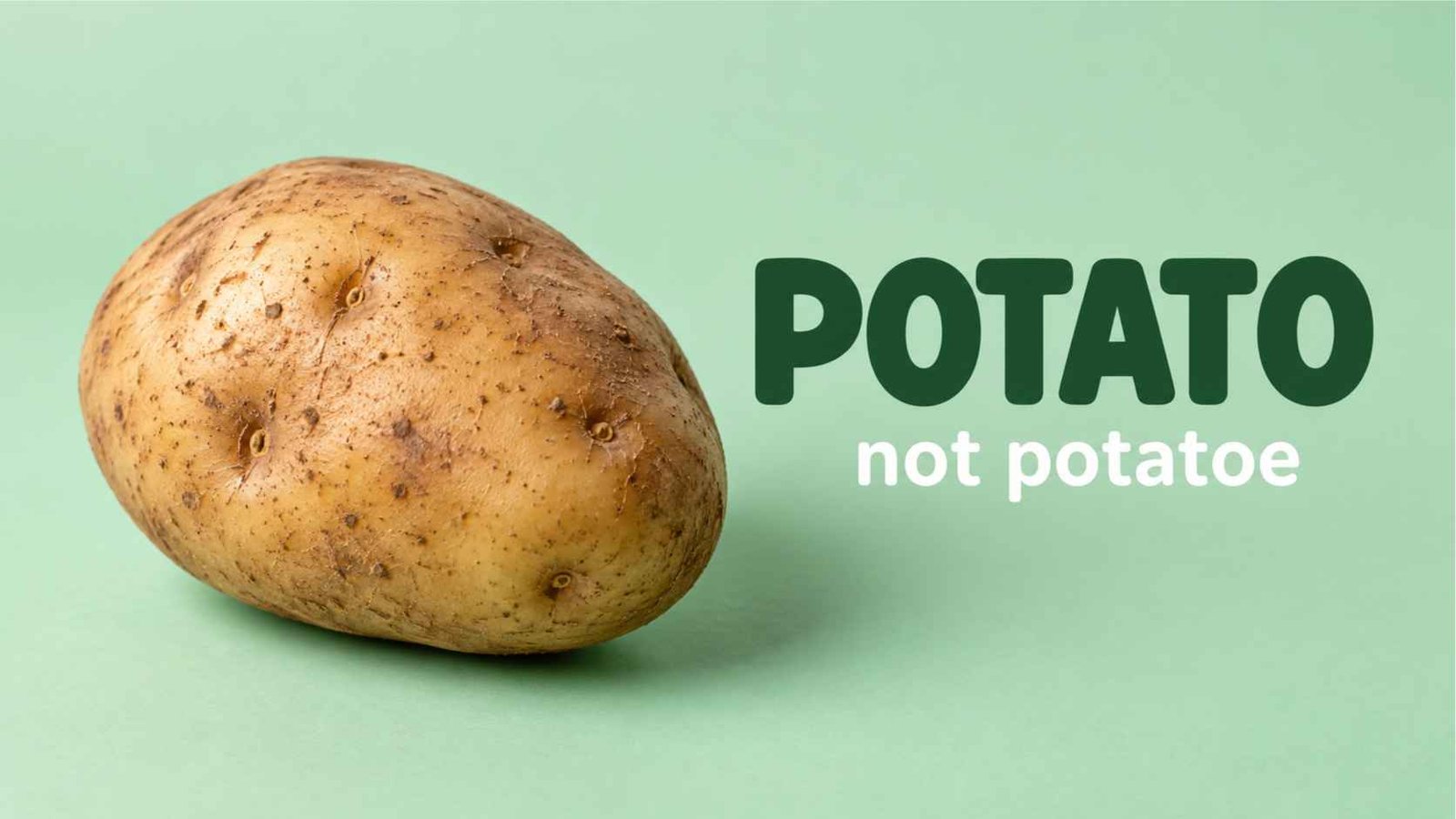 A single raw potato on a mint green background next to bold text reading potato not potatoe