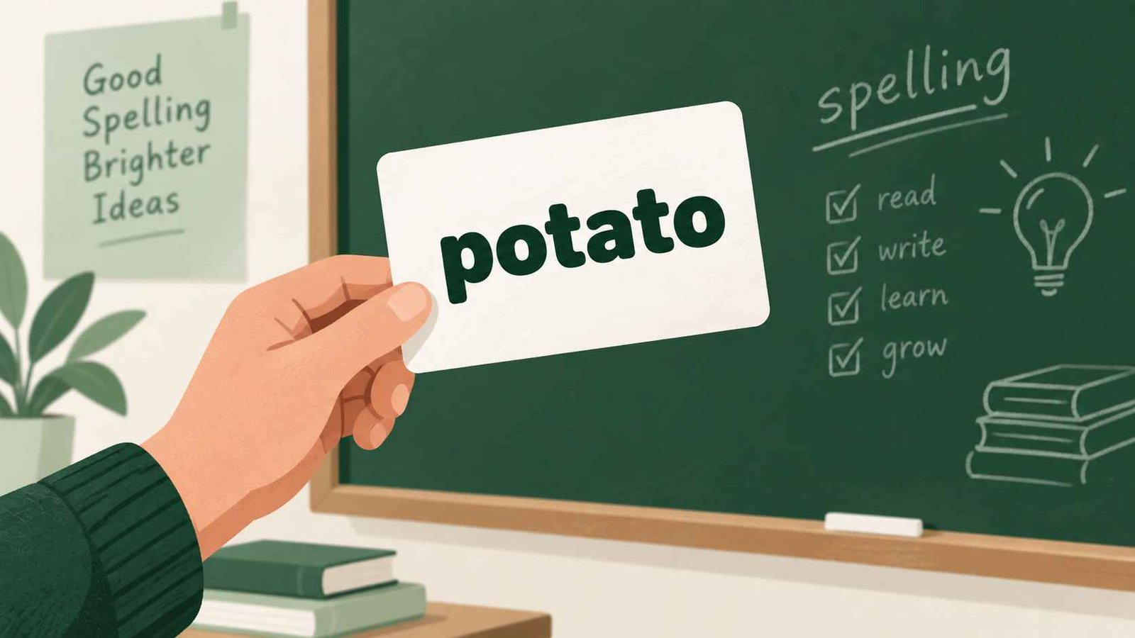 Illustrated chalkboard scene with a hand holding a flashcard showing a spelling correction