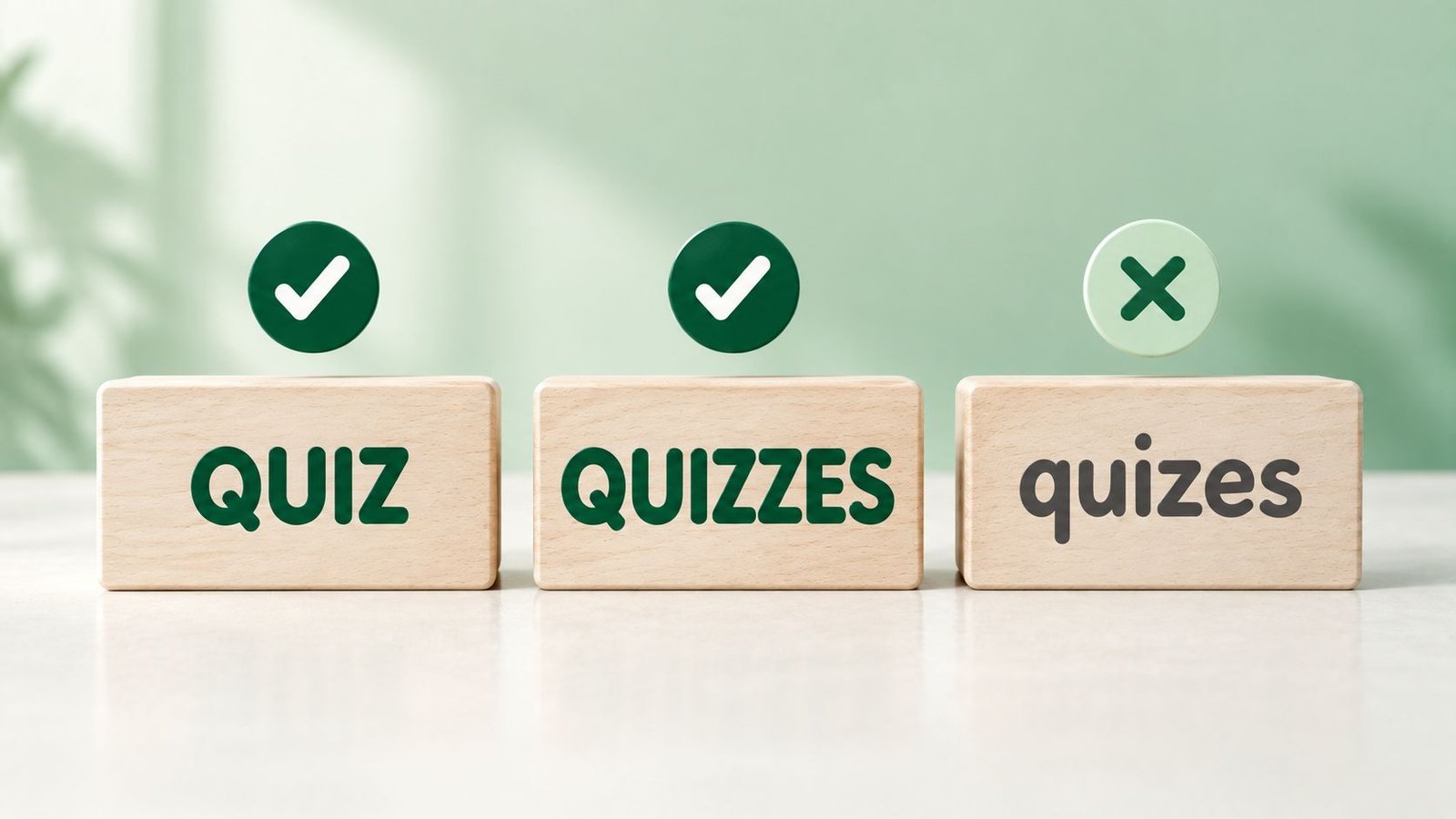 Three wooden blocks displaying quiz, quizzes, and quizes with check and cross icons above each