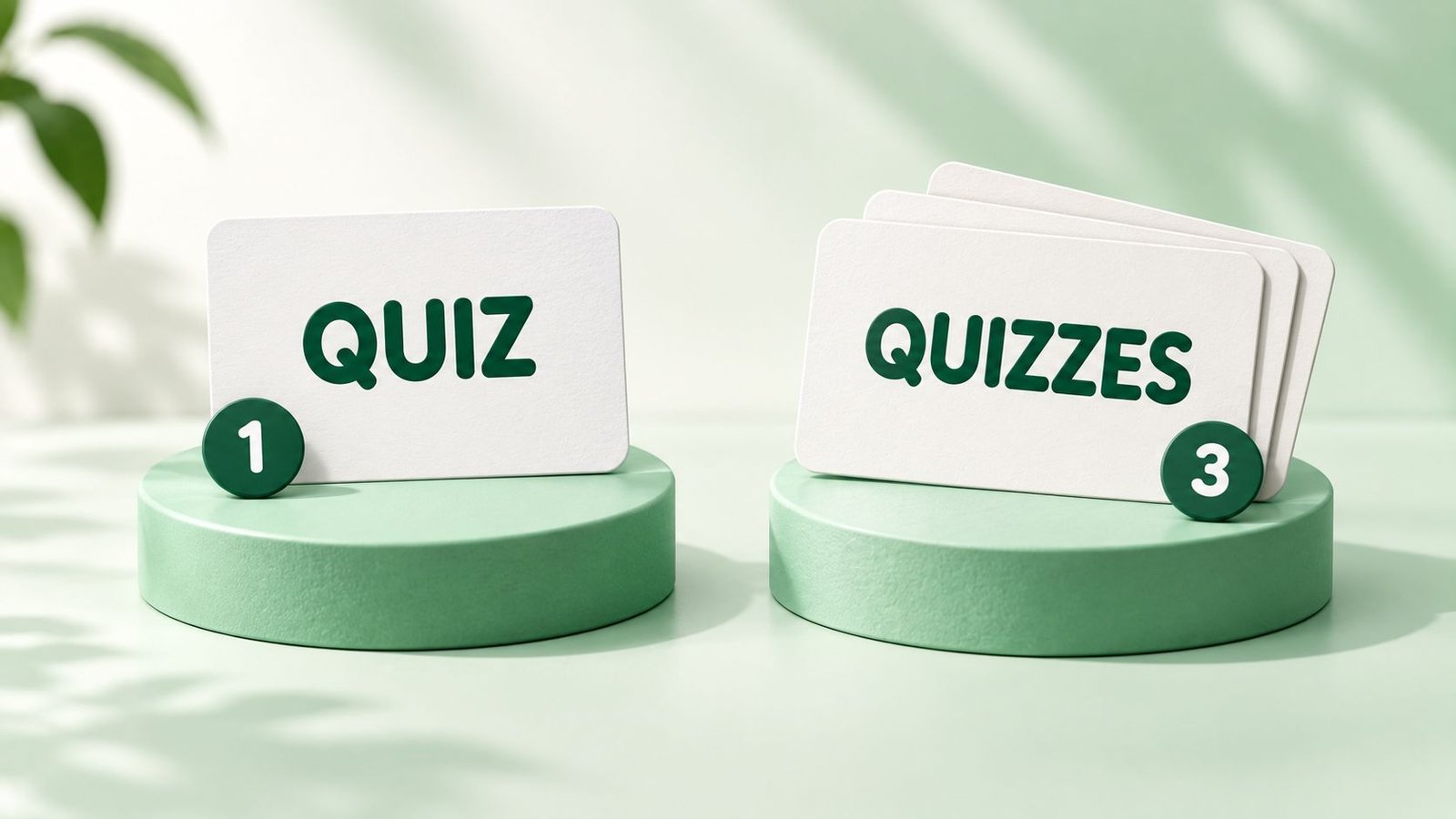 Two stacked flashcards showing one quiz card and three quizzes cards to illustrate singular versus plural