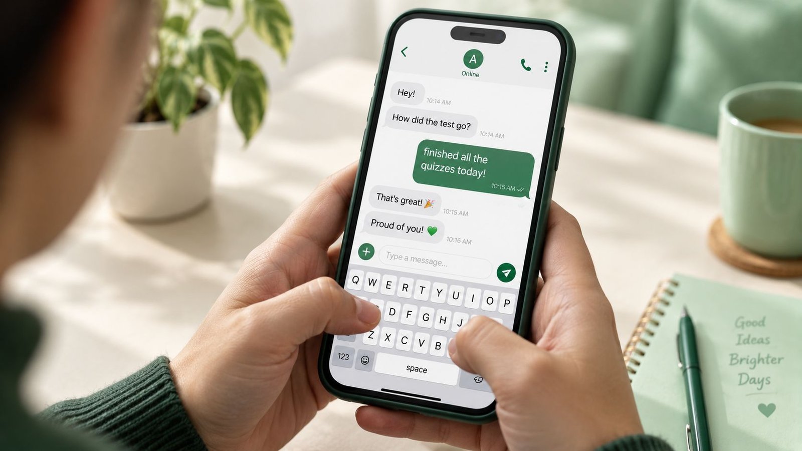 Hands holding a smartphone showing a casual chat message that uses the word quizzes correctly