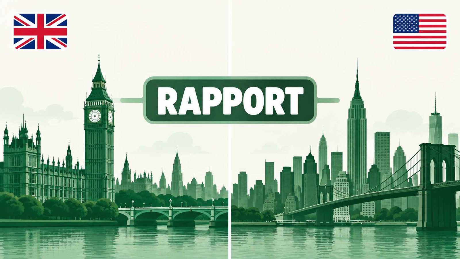 Split skyline of a British city and an American city with identical rapport spelling labels between them