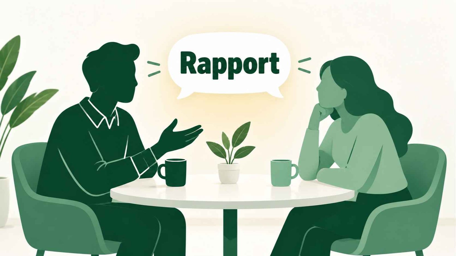 Two simplified character silhouettes in a warm conversation with a speech bubble containing the word rapport