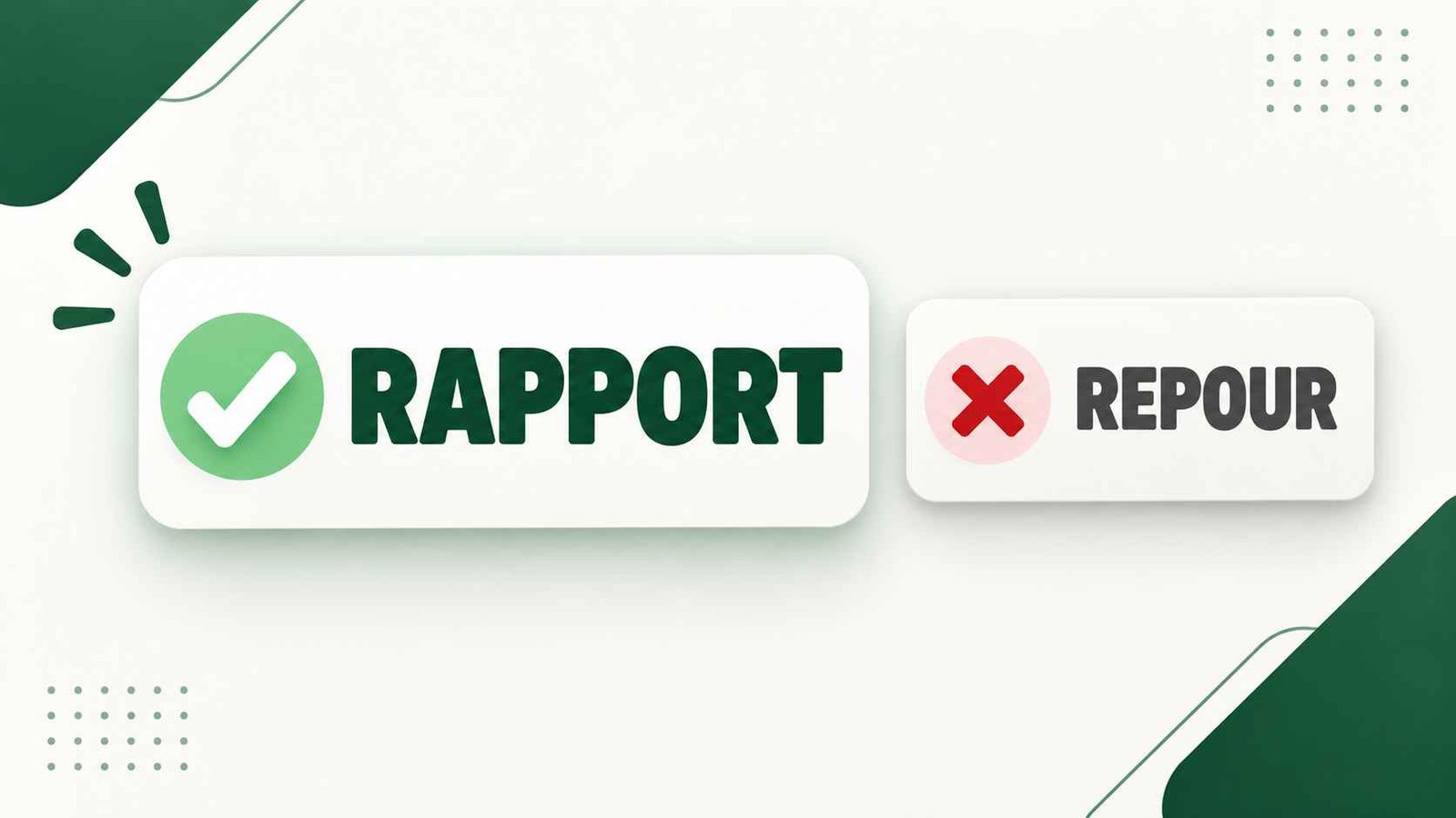 Correct and incorrect check marks next to the words rapport and repour on a green background