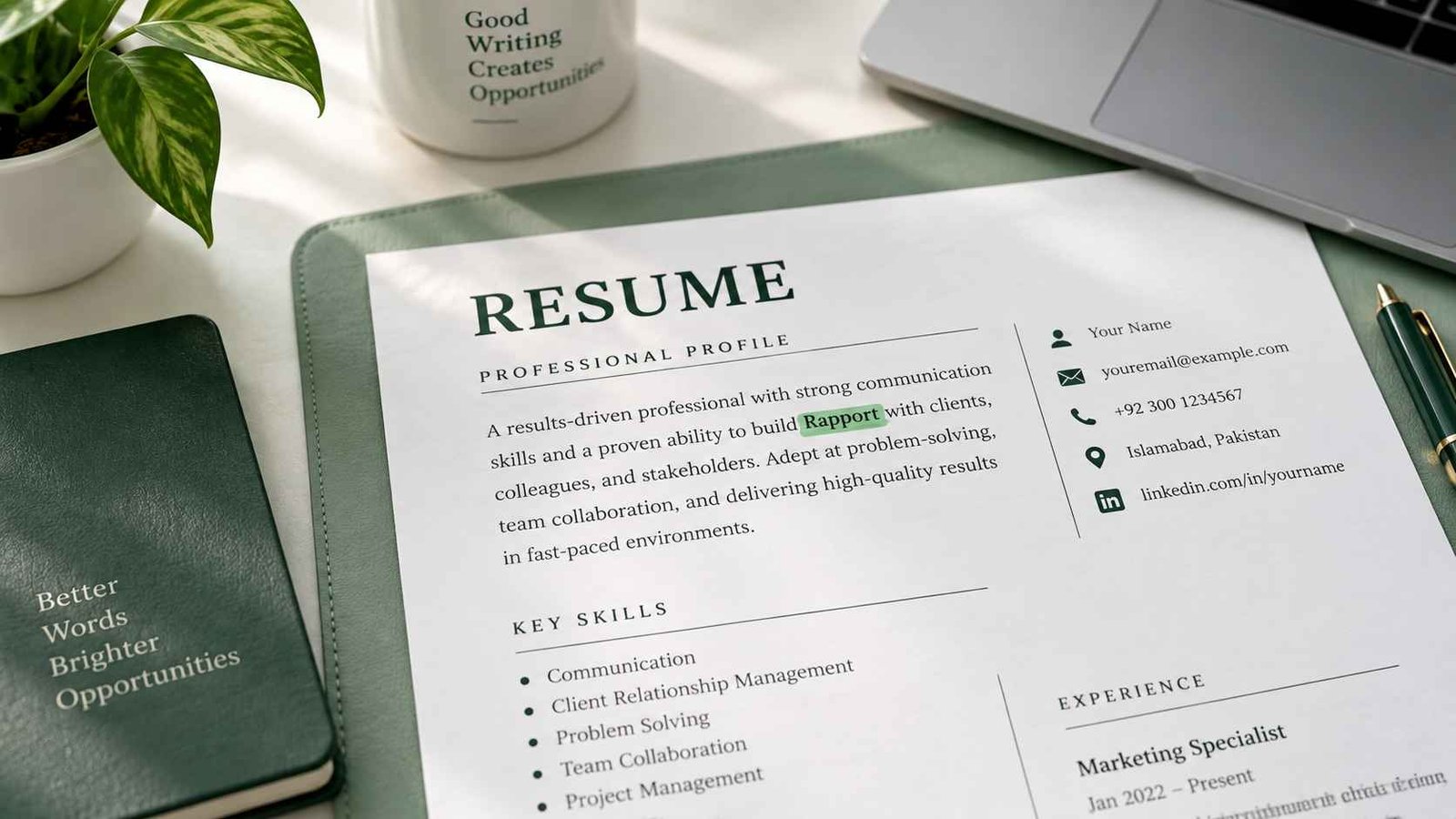 Text: Realistic desk scene showing a resume document with the word rapport highlighted in green