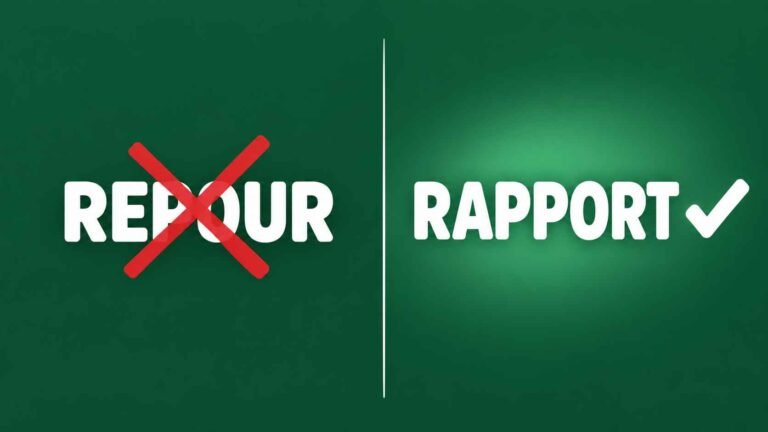 Split graphic comparing the misspelled word repour and the correct word rapport on a forest green background