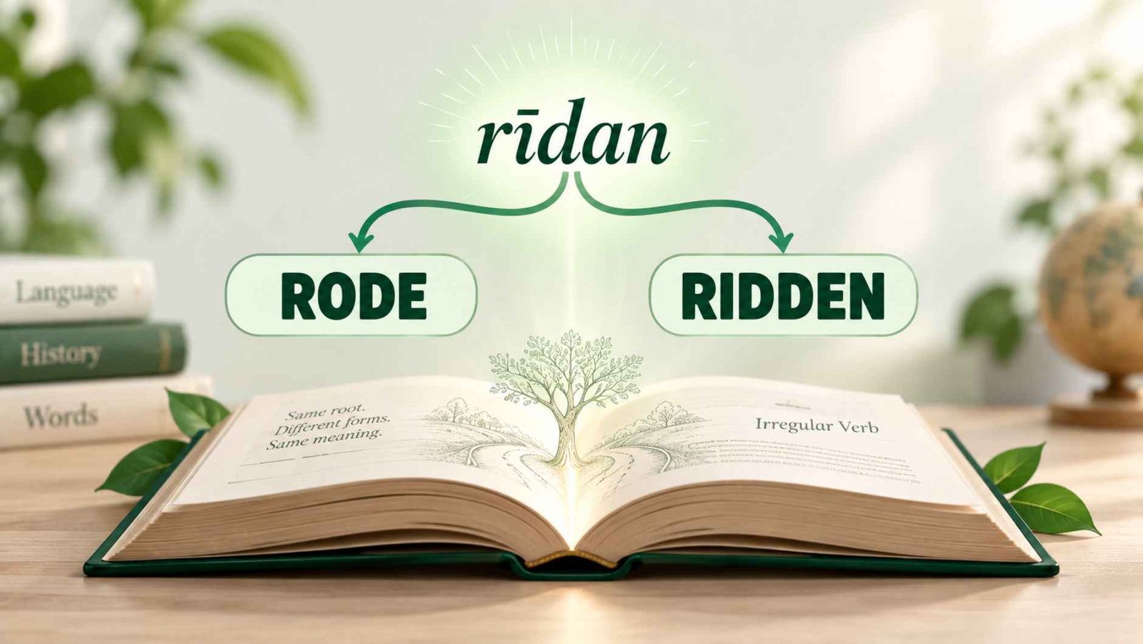 Open book with the Old English word ridan glowing above it beside two labeled paths for rode and ridden