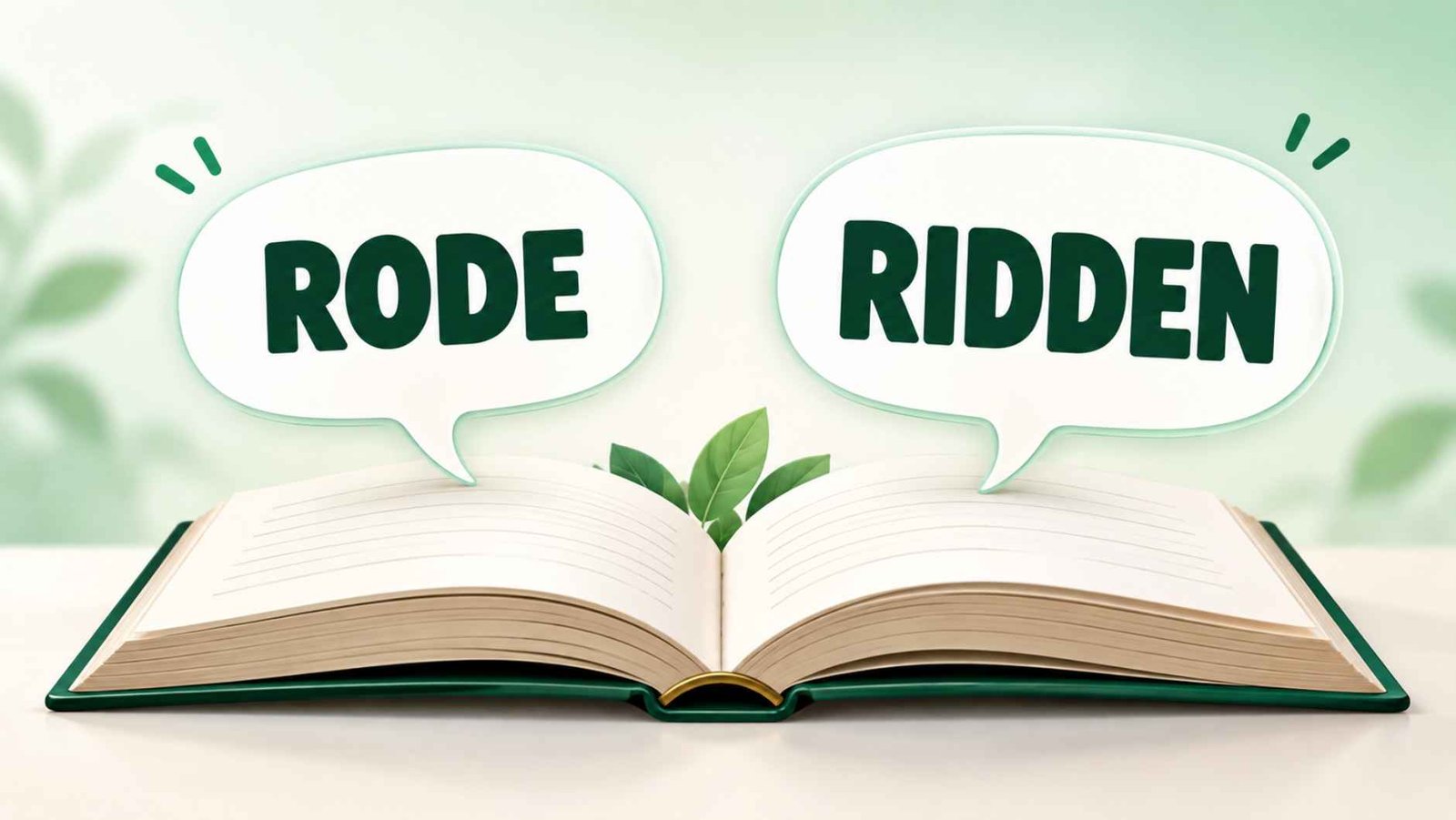 Open book with two speech bubbles showing the words rode and ridden side by side