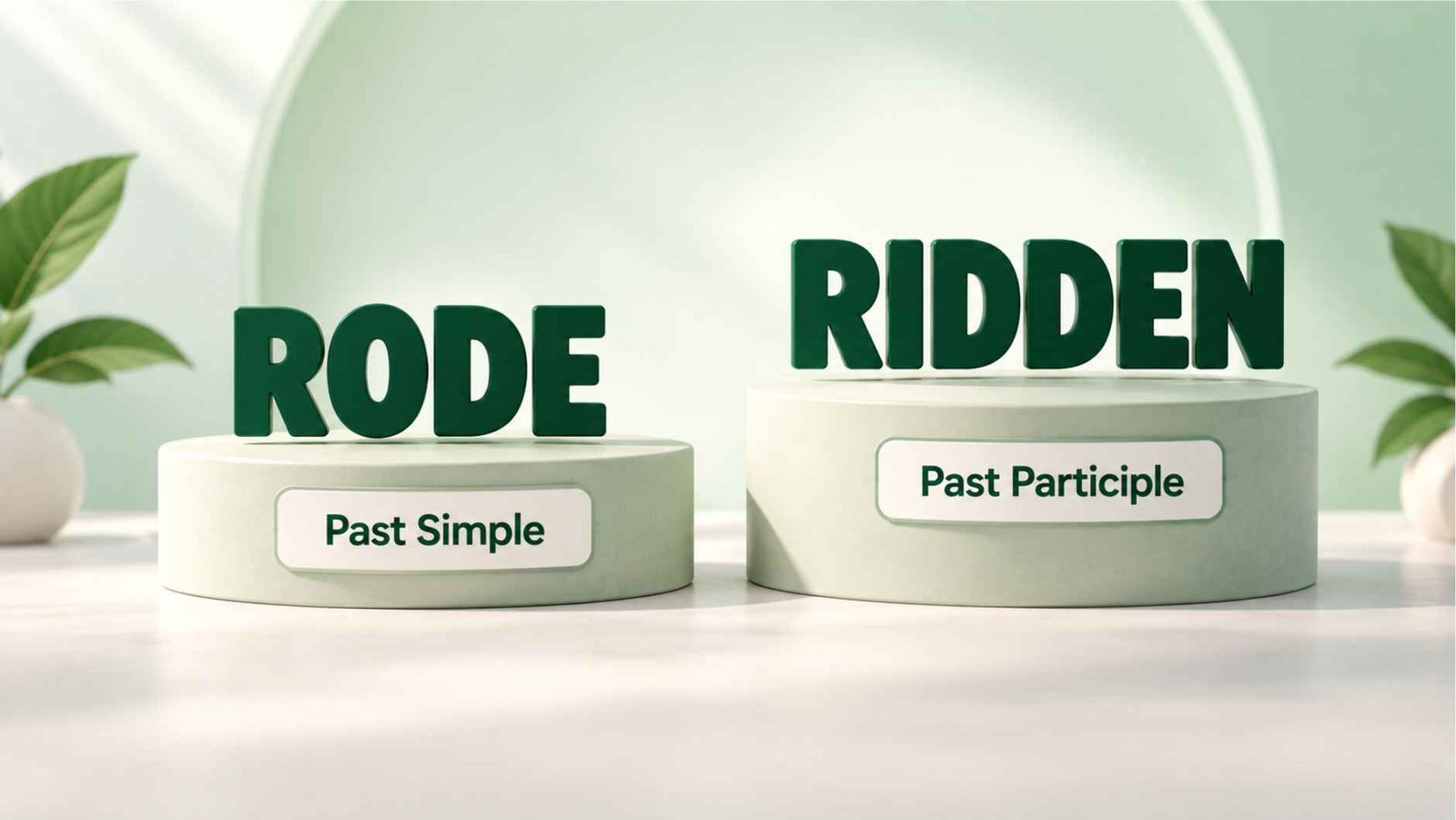 Word comparison pedestal displaying rode and ridden with their grammar roles listed beneath each